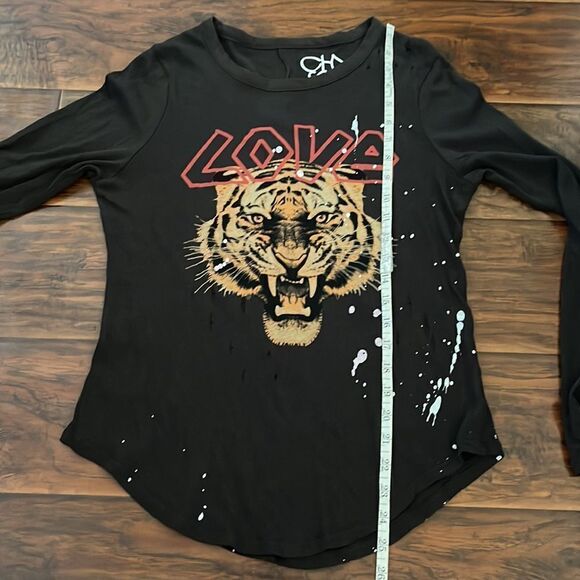 Chaser Faded Black Love Tiger Distressed Holes Sheer Paint Splatter Top - Picture 7 of 12